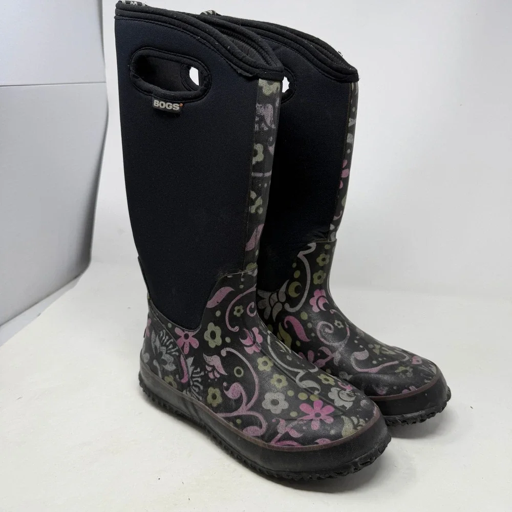 Bogs Classic High Corsage 52246 Womens 6 Black Floral Waterproof Rain Boots